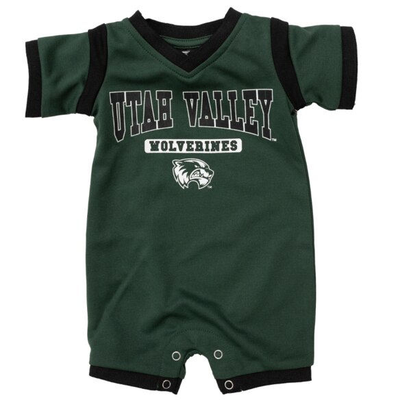 Infant green and black romper with 'Utah Valley', 'Wolverines', and Wolverine logo on the front